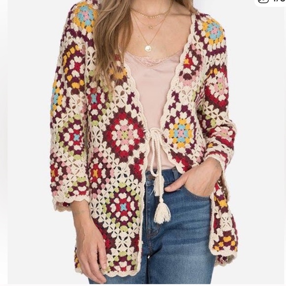 JOHNNY WAS Stevie Granny Square
Cardigan SZ L Crochet Boho Sweater Tassel
Tie - Picture 1 of 7